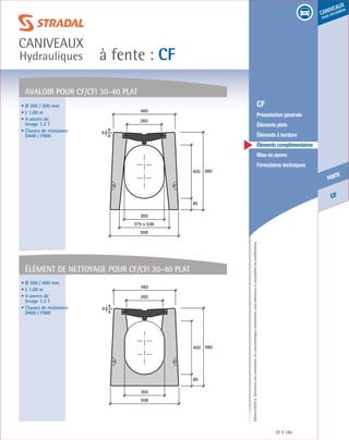 Édition03/2013.Documentnoncontractuel.Lescaractéristiquesmentionnéessontindicativesetsusceptiblesdemodifications.
CF
fente
caniveaux
sous circulation
à fente : CF
caniveaux
Hydrauliques
CF 185
	 CF
	 Présentation générale
	 Éléments plats
	 Éléments à bordure
	 Éléments complémentaires
	 Mise en œuvre
	 Formulaires techniques
AVALOIR Pour CF/CFI 30-40 plat
élément de nettoyage Pour CF/CFI 30-40 plat
260
85
400 580
460
9
300
508
375 x 538
260
85
400 580
460
9
300
508
• Ø 300 / 400 mm
• L 1,00 m
• 4 ancres de
levage 1,3 T
• Classes de résistance
D400 / F900
• Ø 300 / 400 mm
• L 1,00 m
• 4 ancres de
levage 1,3 T
• Classes de résistance
D400 / F900
 