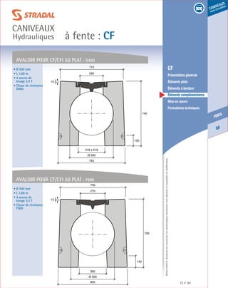 Édition03/2013.Documentnoncontractuel.Lescaractéristiquesmentionnéessontindicativesetsusceptiblesdemodifications.
CF
fente
caniveaux
sous circulation
à fente : CF
caniveaux
Hydrauliques
CF 187
	 CF
	 Présentation générale
	 Éléments plats
	 Éléments à bordure
	 Éléments complémentaires
	 Mise en œuvre
	 Formulaires techniques
AVALOIR Pour CF/CFI 50 plat - D400
AVALOIR Pour CF/CFI 50 plat - F900
120
740
763
260
715
15
Ø 500
318 x 518
140
790
805
270
755
300
15
Ø 500
• Ø 500 mm
• L 1,00 m
• 4 ancres de
levage 2,5 T
• Classe de résistance
D400
• Ø 500 mm
• L 1,00 m
• 4 ancres de
levage 2,5 T
• Classe de résistance
F900
 
