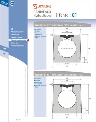 Édition03/2013.Documentnoncontractuel.Lescaractéristiquesmentionnéessontindicativesetsusceptiblesdemodifications.
CF
fente
caniveaux
sous circulation
à fente : CF
caniveaux
Hydrauliques
CF 188
	 CF
	 Présentation générale
	 Éléments plats
	 Éléments à bordure
	 Éléments complémentaires
	 Mise en œuvre
	 Formulaires techniques
élément de nettoyage Pour CF/CFI 50 plat - D400
élément de nettoyage Pour CF/CFI 50 plat - F900
120
740
763
260
715
15
Ø 500
140
790
805
270
755
Ø 500
15
• Ø 500 mm
• L 1,00 m
• 4 ancres de
levage 2,5 T
• Classe de résistance
D400
• Ø 500 mm
• L 1,00 m
• 4 ancres de
levage 2,5 T
• Classe de résistance
F900
 