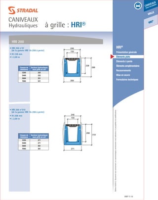 Édition03/2013.Documentnoncontractuel.Lescaractéristiquesmentionnéessontindicativesetsusceptiblesdemodifications.
grille
caniveaux
sous circulation
HRI
®
à grille : HRI®
caniveaux
Hydrauliques
HRI® 19
	 HRI®
	 Présentation générale
	 Éléments plats
	 Éléments à pente
	 Élémentscomplémentaires
	Recouvrements
	 Mise en œuvre
	 Formulaires techniques
238
288
269
150
246
271
268
318
150
246
HRI 200
• HRI 200 n°07
(de la gamme HRI 16-200 à pente)
• Ht 238 mm
• L 2,00 m
• HRI 200 n°010
(de la gamme HRI 16-200 à pente)
• Ht 268 mm
• L 2,00 m
Classes de
résistance
Sections hydrauliques
sous grille en cm²
C250 232
D400 232
E600 221
F900 221
Classes de
résistance
Sections hydrauliques
sous grille en cm²
C250 271
D400 271
E600 261
F900 261
 