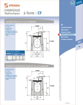 Édition03/2013.Documentnoncontractuel.Lescaractéristiquesmentionnéessontindicativesetsusceptiblesdemodifications.
CF
fente
caniveaux
sous circulation
à fente : CF
caniveaux
Hydrauliques
CF 191
	 CF
	 Présentation générale
	 Éléments plats
	 Éléments à bordure
	 Éléments complémentaires
	 Mise en œuvre
	 Formulaires techniques
85
300
h totale
304 x 529
l totale
l
477
h
6
4
388
200
260
85
300
h totale
388
l totale
l
477
h
6
4
200
260
AVALOIR Pour CFi 20-30 À bordure
élément de nettoyage Pour CFi 20-30 À bordure
• Ø 200 / 300 mm
• L 1,00 m
• 4 ancres de
levage 1,3 T
• 3 hauteurs de bordures
(cf. tableau ci-dessous)
• Classe de résistance
C250
• Ø 200 / 300 mm
• L 1,00 m
• 4 ancres de
levage 1,3 T
• 3 hauteurs de bordures
(cf. tableau ci-dessus)
• Classe de résistance
C250
Hauteurs de bordures
CFI 20-30 h h
totale
l l
totale
B7 70 547 134 347
B12 120 597 122 345
B15 150 627 115 344
 