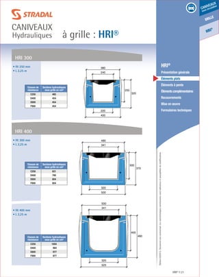 Édition03/2013.Documentnoncontractuel.Lescaractéristiquesmentionnéessontindicativesetsusceptiblesdemodifications.
grille
caniveaux
sous circulation
HRI
®
à grille : HRI®
caniveaux
Hydrauliques
HRI® 21
	 HRI®
	 Présentation générale
	 Éléments plats
	 Éléments à pente
	 Élémentscomplémentaires
	Recouvrements
	 Mise en œuvre
	 Formulaires techniques
• Ht 250 mm
• L 2,25 m
• Ht 300 mm
• L 2,25 m
• Ht 400 mm
• L 2,25 m
250
320
400
220
240
380
400
480
525
320
341
500
300
370
500
320
341
480
HRI 300
HRI 400
Classes de
résistance
Sections hydrauliques
sous grille en cm²
C250 485
D400 454
E600 454
F900 454
Classes de
résistance
Sections hydrauliques
sous grille en cm²
C250 831
D400 790
E600 804
F900 804
Classes de
résistance
Sections hydrauliques
sous grille en cm²
C250 1004
D400 964
E600 977
F900 977
 