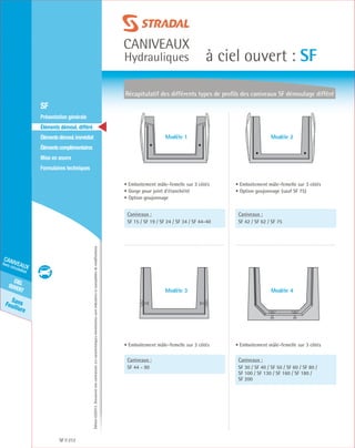 Édition03/2013.Documentnoncontractuel.Lescaractéristiquesmentionnéessontindicativesetsusceptiblesdemodifications.
SansFeuillure
cielouvert
caniveaux
hors circulation
caniveaux
Hydrauliques à ciel ouvert : SF
SF 212
	 SF
	 Présentation générale
	 Éléments démoul. différé
	 Élémentsdémoul.immédiat
	Élémentscomplémentaires
	Mise en œuvre
	Formulaires techniques
Récapitulatif des différents types de profils des caniveaux sf démoulage différé
• Emboitement mâle-femelle sur 3 côtés
• Gorge pour joint d’étanchéité
• Option goujonnage
• Emboitement mâle-femelle sur 3 côtés
• Option goujonnage (sauf SF 75)
• Emboitement mâle-femelle sur 3 côtés• Emboitement mâle-femelle sur 3 côtés
Caniveaux :
SF 15 / SF 19 / SF 24 / SF 34 / SF 44-40
Caniveaux :
SF 44 - 90
Caniveaux :
SF 42 / SF 62 / SF 75
Caniveaux :
SF 30 / SF 40 / SF 50 / SF 60 / SF 80 /
SF 100 / SF 130 / SF 160 / SF 180 /
SF 200
Modèle 1 Modèle 2
Modèle 3 Modèle 4
 