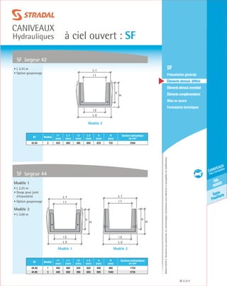 Édition03/2013.Documentnoncontractuel.Lescaractéristiquesmentionnéessontindicativesetsusceptiblesdemodifications.
Sans
Feuillure
ciel
ouvert
caniveaux
hors circulation
à ciel ouvert : SF
caniveaux
Hydrauliques
SF 217
	 SF
	 Présentation générale
	 Éléments démoul. différé
	 Élémentsdémoul.immédiat
	Élémentscomplémentaires
	Mise en œuvre
	Formulaires techniques
SF largeur 44
SF largeur 42
• L 2.25 m
• Option goujonnage
Modèle 1
• L 2.25 m
• Gorge pour joint
d’étanchéité
• Option goujonnage
Modèle 3
• L 3.00 m
SF Modèle
l 1
(mm)
L 1
(mm)
l 2
(mm)
L 2
(mm)
h
(mm)
H
(mm)
Sections hydrauliques
en cm²
44.40 1 442 600 420 620 400 480 1724
44.90 3 440 600 390 600 900 1040 3735
Modèle 1 Modèle 3
h
H
L 2
l 2
l 1
L 1
h
H
L 2
l 2
l 1
L 1
SF Modèle
l 1
(mm)
L 1
(mm)
l 2
(mm)
L 2
(mm)
h
(mm)
H
(mm)
Section hydraulique
en cm²
42.65 2 424 600 390 600 635 755 2584
Modèle 2
h
H
L 2
l 2
l 1
L 1
 