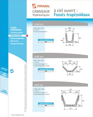 Édition03/2013.Documentnoncontractuel.Lescaractéristiquesmentionnéessontindicativesetsusceptiblesdemodifications.
cielouvert
caniveaux
hors circulation
FossésTrapézoïdaux
caniveaux
Hydrauliques
à ciel ouvert :
Fossés trapézoïdaux
Fossés Trapézoïdaux 244
	Fossés
trapézoïdaux
	 Présentation générale
	 Éléments à fond plat
	Élémentscomplémentaires
	Mise en œuvre
	Formulaires techniques
• 500 x 300 x 500
• L 0,75 m
• 4 trous de manutention
Section hydraulique en cm²
2000
fossé 821
60
560
420
620
255
500
• 900 x 300 x 300
• L 2,45 m
• 3 ancres de levage 1,3 T
• Joint d’étanchéité en option
Section hydraulique en cm²
1800
fossé 941
70
370
360
1020
300300 300
• 1000 x 600 x 620
• L 2,45 m
• 3 ancres de levage 1,3 T
• Joint d’étanchéité en option
Section hydraulique en cm²
4960
fossé 961
80
700
740
1123
600200 200
 