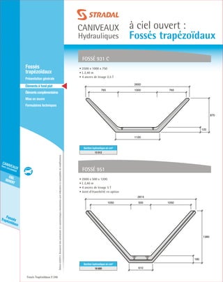 Édition03/2013.Documentnoncontractuel.Lescaractéristiquesmentionnéessontindicativesetsusceptiblesdemodifications.
cielouvert
caniveaux
hors circulation
FossésTrapézoïdaux
caniveaux
Hydrauliques
à ciel ouvert :
Fossés trapézoïdaux
Fossés Trapézoïdaux 246
	Fossés
trapézoïdaux
	 Présentation générale
	 Éléments à fond plat
	Élémentscomplémentaires
	Mise en œuvre
	Formulaires techniques
180
1380
610
2814
5001050 1050
120
870
1120
2650
1000765 765
• 2600 x 500 x 1200
• L 2,40 m
• 4 ancres de levage 5 T
• Joint d’étanchéité en option
• 2500 x 1000 x 750
• L 2,40 m
• 4 ancres de levage 2,5 T
Section hydraulique en cm²
18 600
Section hydraulique en cm²
13 012
fossé 951
fossé 931 C
 