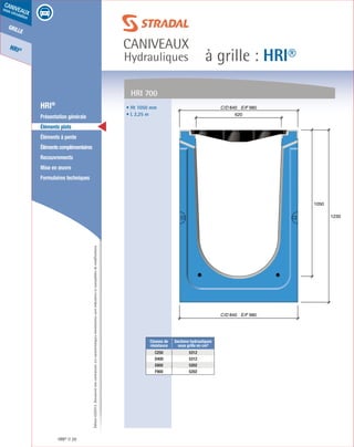 Édition03/2013.Documentnoncontractuel.Lescaractéristiquesmentionnéessontindicativesetsusceptiblesdemodifications.
grille
HRI®
caniveaux
sous circulation
à grille : HRI®
caniveaux
Hydrauliques
HRI® 26
	 HRI®
	 Présentation générale
	 Éléments plats
	 Éléments à pente
	 Élémentscomplémentaires
	Recouvrements
	 Mise en œuvre
	 Formulaires techniques
• Ht 1050 mm
• L 2,25 m
HRI 700
C/D 840 E/F 980
620
1050
1230
C/D 840 E/F 980
Classes de
résistance
Sections hydrauliques
sous grille en cm²
C250 5312
D400 5312
E600 5202
F900 5202
 