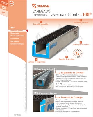 Édition03/2013.Documentnoncontractuel.Lescaractéristiquesmentionnéessontindicativesetsusceptiblesdemodifications.
Dalotfonte
HRI®
caniveaux
sous circulation
caniveaux
Techniques avec dalot fonte : HRI®
HRI® DF 260
	 HRI®
	 Présentation générale
	 Éléments plats
	 Élémentscomplémentaires
	Recouvrements
	 Mise en œuvre
	 Formulaires techniques
La garantie du fabricant
- Béton Haute Performance résistant aux agressions
climatiques (W + R) avec en option un ciment PMES pour
application en tunnel, en zone côtière ou montagneuse.
- Haute résistance mécanique.
- Groupes d’installation de 1 à 4 (jusqu’au D400). Ref norme
NF EN 124.
- Groupes d’installation 5 et 6, nous consulter.
- Pose sans enrobage béton latéral ou blocage béton.
Pérennité de l’ouvrage
- Conception monobloc.
- 2 profils en acier galvanisé (solidaires de l’armature
et des douilles de fixation des grilles) recouvrent
la feuillure béton pour la protection des arêtes exposées
aux fortes sollicitations.
- Dalot en fonte ductile FGS 500-7 avec bavette transversale
anti-poussière.
- Fixation des dalots avec vis et rondelles inox.
1 Ensemble monobloc
2 Résistance à l’usure
1
Ensemble monobloc
3
Stabilité et alignement
4
Rapidité d’exécution
5
Esthétique et confort
2
Résistance à l’usure
 