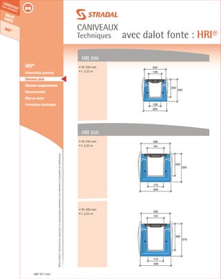Édition03/2013.Documentnoncontractuel.Lescaractéristiquesmentionnéessontindicativesetsusceptiblesdemodifications.
Dalotfonte
HRI®
caniveaux
sous circulation
caniveaux
Techniques avec dalot fonte : HRI®
HRI® DF 262
	 HRI®
	 Présentation générale
	 Éléments plats
	 Élémentscomplémentaires
	Recouvrements
	 Mise en œuvre
	 Formulaires techniques
200
250
264
128
148
244
250
320
349
175
191
330
300
370
349
175
191
330
HRI 200
HRI 250
• Ht 200 mm
• L 2,25 m
• Ht 250 mm
• L 2,25 m
• Ht 300 mm
• L 2,25 m
 