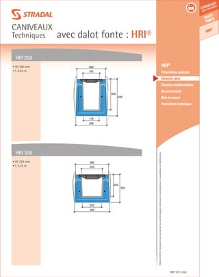 Édition03/2013.Documentnoncontractuel.Lescaractéristiquesmentionnéessontindicativesetsusceptiblesdemodifications.
Dalot
fonte
HRI®
caniveaux
sous circulation
avec dalot fonte : HRI®
caniveaux
Techniques
HRI® DF 263
	 HRI®
	 Présentation générale
	 Éléments plats
	 Élémentscomplémentaires
	Recouvrements
	 Mise en œuvre
	 Formulaires techniques
350
420
355
175
191
330
250
320
400
220
240
380
HRI 250
HRI 300
• Ht 350 mm
• L 2,25 m
• Ht 250 mm
• L 2,25 m
 