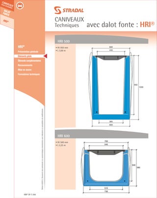 Édition03/2013.Documentnoncontractuel.Lescaractéristiquesmentionnéessontindicativesetsusceptiblesdemodifications.
Dalotfonte
HRI®
caniveaux
sous circulation
caniveaux
Techniques avec dalot fonte : HRI®
HRI® DF 266
	 HRI®
	 Présentation générale
	 Éléments plats
	 Élémentscomplémentaires
	Recouvrements
	 Mise en œuvre
	 Formulaires techniques
440
600
950
1030
385
600
510
500
580
730
540
700
• Ht 950 mm
• L 3,00 m
• Ht 500 mm
• L 2,25 m
HRI 500
HRI 600
 