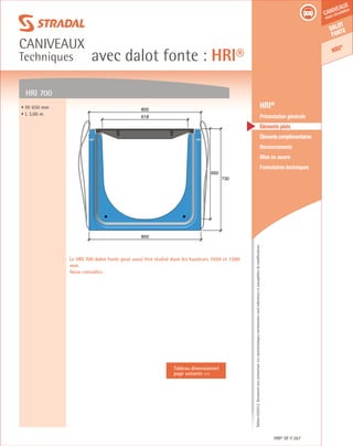 Édition03/2013.Documentnoncontractuel.Lescaractéristiquesmentionnéessontindicativesetsusceptiblesdemodifications.
Dalot
fonte
HRI®
caniveaux
sous circulation
avec dalot fonte : HRI®
caniveaux
Techniques
HRI® DF 267
	 HRI®
	 Présentation générale
	 Éléments plats
	 Élémentscomplémentaires
	Recouvrements
	 Mise en œuvre
	 Formulaires techniques
650
730
800
618
800• Ht 650 mm
• L 3,00 m
HRI 700
Tableau dimensionnel
page suivante 
Le HRI 700 dalot fonte peut aussi être réalisé dans les hauteurs 1050 et 1500
mm.
Nous consulter.
 