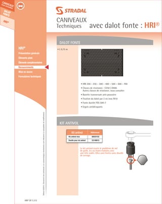 Édition03/2013.Documentnoncontractuel.Lescaractéristiquesmentionnéessontindicativesetsusceptiblesdemodifications.
Dalotfonte
HRI®
caniveaux
sous circulation
caniveaux
Techniques avec dalot fonte : HRI®
HRI® DF 272
	 HRI®
	 Présentation générale
	 Éléments plats
	 Élémentscomplémentaires
	Recouvrements
	 Mise en œuvre
	 Formulaires techniques
• L 0,75 m
dalot fonte
748
499
• HRI 200 - 250 – 300 – 400 – 500 – 600 - 700
• Classes de résistance : C250 / D400.
Autres classes de résistance, nous consulter
• Bavette transversale anti-poussière
• Fixation du dalot par 2 vis inox M10
• Fonte ductile FGS 500-7
• Ergots antidérapants
Kit antivol
Le kit antivol écarte le problème de vol
de grille, les vis étant réalisées avec
une tête codée. Elles sont livrées avec douille
de serrage.
Kit antivol Références
Vis antivol inox 60024102
Douille pour vis antivol 53149915
 