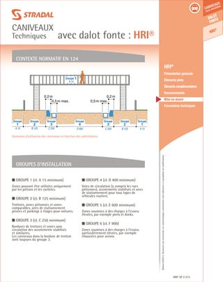 Édition03/2013.Documentnoncontractuel.Lescaractéristiquesmentionnéessontindicativesetsusceptiblesdemodifications.
Dalot
fonte
HRI®
caniveaux
sous circulation
avec dalot fonte : HRI®
caniveaux
Techniques
HRI® DF 273
	 HRI®
	 Présentation générale
	 Éléments plats
	 Élémentscomplémentaires
	Recouvrements
	 Mise en œuvre
	 Formulaires techniques
■ Groupe 1 (cl. A 15 minimum)
Zones pouvant être utilisées uniquement
par les piétons et les cyclistes.
■ Groupe 2 (cl. B 125 minimum)
Trottoirs, zones piétonnes et zones
comparables, aires de stationnement
privées et parkings à étages pour voitures.
■ Groupe 3 (cl. C 250 minimum)
Bordures de trottoirs et zones sans
circulation des accotements stabilisés
et similaires.
Les caniveaux dans la bordure de trottoir
sont toujours du groupe 3.
■ Groupe 4 (cl. D 400 minimum)
Voies de circulation (y compris les rues
piétonnes), accotements stabilisés et aires
de stationnement pour tous types de
véhicules routiers.
■ Groupe 5 (cl. E 600 minimum)
Zones soumises à des charges à l’essieu
élevées, par exemple ports et docks.
■ Groupe 6 (cl. F 900)
Zones soumises à des charges à l’essieu
particulièrement élevées, par exemple
chaussées pour avions.
contexte normatif EN 124
Groupes d’installation
Groupe 1
A 15
0,2m 0,2m
0,5m max. 0,5m max.
A 15B 125C 250D 400C 250B 125A 15
4 3 232 11
Groupe Groupe Groupe Groupe Groupe Groupe Groupe
Domaines d’utilisation des caniveaux en fonction des sollicitations.
 