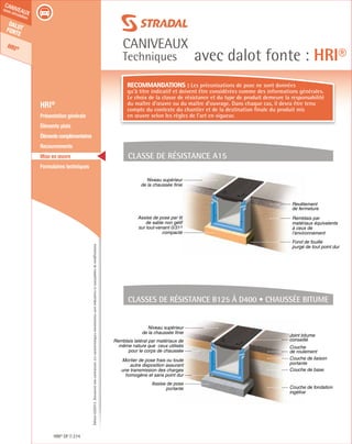Édition03/2013.Documentnoncontractuel.Lescaractéristiquesmentionnéessontindicativesetsusceptiblesdemodifications.
Dalotfonte
HRI®
caniveaux
sous circulation
caniveaux
Techniques avec dalot fonte : HRI®
HRI® DF 274
	 HRI®
	 Présentation générale
	 Éléments plats
	 Élémentscomplémentaires
	Recouvrements
	 Mise en œuvre
	 Formulaires techniques
Remblais par
matériaux équivalents
à ceux de
l’environnement
Revêtement
de fermeture
Fond de fouille
purgé de tout point dur
Assise de pose par lit
de sable non gélif
sur tout-venant 0/315
compacté
Niveau supérieur
de la chaussée finie
Classe de résistance A15
Classes de résistance B125 à D400 • Chaussée bitume
Couche de liaison
portante
Couche de base
Couche de fondation
ingélive
Couche
de roulement
Joint bitume
conseillé
Niveau supérieur
de la chaussée finie
Assise de pose
portante
Remblais latéral par matériaux de
même nature que ceux utilisés
pour le corps de chaussée
Mortier de pose frais ou toute
autre disposition assurant
une transmission des charges
homogène et sans point dur
Recommandations : Les préconisations de pose ne sont données
qu’à titre indicatif et doivent être considérées comme des informations générales.
Le choix de la classe de résistance et du type de produit demeure la responsabilité
du maître d’œuvre ou du maître d’ouvrage. Dans chaque cas, il devra être tenu
compte du contexte du chantier et de la destination finale du produit mis
en œuvre selon les règles de l’art en vigueur.
 