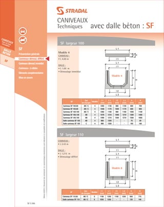 Édition03/2013.Documentnoncontractuel.Lescaractéristiquesmentionnéessontindicativesetsusceptiblesdemodifications.
Dallebeton
SF
caniveauxhors et souscirculation
caniveaux
Techniques avec dalle béton : SF
SF 296
	 SF
	 Présentation générale
	 Caniveaux démoul. différé
	 Caniveauxdémoul.immédiat
	 Caniveaux à câbles
	 Eléments complémentaires
	 Mise en œuvre
SF largeur 100
Modèle 4
Caniveau :
• L 4.00 m
Dalle :
• L 1.00 m
• Démoulage immédiat
h
H
L 2
l 2
l 1
L 1
h H
l 1
L 1
Modèle 4
SF largeur 110
Caniveau :
• L 2.43 m
Dalle :
• L 1.215 m
• Démoulage différé
SF
Cas
de charges
Modèle
l 1
(mm)
L 1
(mm)
l 2
(mm)
L 2
(mm)
h
(mm)
H
(mm)
Caniveau SF 110.65 AB / C 8 1100 1250 1100 1250 650 775
Dalle caniveau SF 110 AB / C 8 1050 1250 - - 120 140
h
H
L 2
l 2
l 1
L 1
h H
l 1
L 1
Modèle 8
SF
Cas
de charges
Modèle
l 1
(mm)
L 1
(mm)
l 2
(mm)
L 2
(mm)
h
(mm)
H
(mm)
Caniveau SF 100.60 AB / C 4 1000 1140 980 1140 600 700
Caniveau SF 100.80 AB / C 4 1048 1170 1000 1170 800 900
Caniveau SF 100.100 AB / C 4 1060 1160 980 1160 1000 1100
Caniveau SF 100.130 AB 4 1078 1210 1000 1210 1300 1400
Caniveau SF 100.150 AB 4 1090 1210 1000 1210 1500 1600
Dalle caniveau SF 100 AB 4 980 1200 - - 70 80
Dalle caniveau SF 100 C 4 990 1200 - - 165 180
 