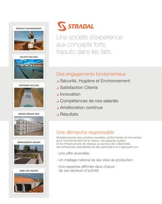 Une société d’expérience
aux concepts forts,
traduits dans les faits.
Des engagements fondamentaux
Sécurité, Hygiène et Environnement
Satisfaction Clients
Innovation
Compétences de nos salariés
Amélioration continue
Résultats
Une démarche responsable
Stradal propose des solutions durables, performantes et innovantes
pour l’environnement de la maison, les espaces publics
et les infrastructures de réseaux au service des collectivités,
des entreprises spécialisées et des particuliers en s’appuyant sur :
- Une offre diversifiée
- Un maillage national de ses sites de production
- Une expertise affirmée dans chacun
de ses secteurs d’activité
Réseaux d’Assainissement
Génie-Civil Routier
Collecte des Eaux
Aménagements Urbains
Traitement des Eaux
Energie Réseaux Secs
 