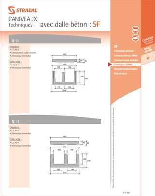 Édition03/2013.Documentnoncontractuel.Lescaractéristiquesmentionnéessontindicativesetsusceptiblesdemodifications.
Dalle
beton
SF
caniveaux
hors et sous
circulation
avec dalle béton : SF
caniveaux
Techniques
SF 309
	 SF
	 Présentation générale
	 Caniveaux démoul. différé
	 Caniveauxdémoul.immédiat
	 Caniveaux à câbles
	 Eléments complémentaires
	 Mise en œuvre
N° 21
N° 11
Caniveau :
• L 1.00 m
• Emboitement mâle-femelle
• Démoulage immédiat
Couvercle :
• L 0.50 m
• Démoulage immédiat
Caniveau :
• L 1.00 m
• Démoulage immédiat
Couvercle :
• L 1.00 m
• Démoulage immédiat
195
245
440
150115
160125
420
50 60
420
180
235
510
140180
160200
500
50 60
495
 