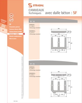 Édition03/2013.Documentnoncontractuel.Lescaractéristiquesmentionnéessontindicativesetsusceptiblesdemodifications.
Dallebeton
SF
caniveauxhors et souscirculation
caniveaux
Techniques avec dalle béton : SF
SF 310
	 SF
	 Présentation générale
	 Caniveaux démoul. différé
	 Caniveauxdémoul.immédiat
	 Caniveaux à câbles
	 Eléments complémentaires
	 Mise en œuvre
N° 16
N° 25
Caniveau :
• L 1.00 m
• Démoulage immédiat
Couvercle :
• L 0.33 m
• Démoulage immédiat
Caniveau :
• L 0.80 m
• Démoulage immédiat
Couvercle :
• L 0.80 m
• Démoulage immédiat
320
380
510
165165
180180
495
50 60
495
330
419
165165
490
45 60
495
505
155132
 