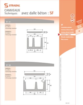 Édition03/2013.Documentnoncontractuel.Lescaractéristiquesmentionnéessontindicativesetsusceptiblesdemodifications.
Dalle
beton
SF
caniveaux
hors et sous
circulation
avec dalle béton : SF
caniveaux
Techniques
SF 311
	 SF
	 Présentation générale
	 Caniveaux démoul. différé
	 Caniveauxdémoul.immédiat
	 Caniveaux à câbles
	 Eléments complémentaires
	 Mise en œuvre
N° 31
N° 50
Caniveau :
• L 1.00 m
• Démoulage immédiat
Couvercle :
• L 0.50 m
• Démoulage immédiat
Caniveau :
• L 2.00 m
• Démoulage immédiat
Couvercle :
• L 0,33 m
• Démoulage immédiat
290
350
510
120 200
135 230
500
50 60
500
300
360
730
195295
230330
720
50 60
655
50
 