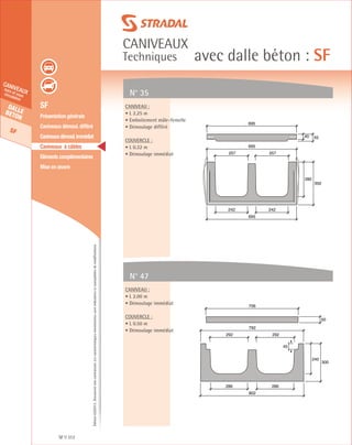 Édition03/2013.Documentnoncontractuel.Lescaractéristiquesmentionnéessontindicativesetsusceptiblesdemodifications.
Dallebeton
SF
caniveauxhors et souscirculation
caniveaux
Techniques avec dalle béton : SF
SF 312
	 SF
	 Présentation générale
	 Caniveaux démoul. différé
	 Caniveauxdémoul.immédiat
	 Caniveaux à câbles
	 Eléments complémentaires
	 Mise en œuvre
N° 35
N° 47
Caniveau :
• L 2.25 m
• Emboitement mâle-femelle
• Démoulage différé
Couvercle :
• L 0.32 m
• Démoulage immédiat
Caniveau :
• L 2.00 m
• Démoulage immédiat
Couvercle :
• L 0.50 m
• Démoulage immédiat
280
350
695
242242
257257
695
40 55
695
240
300
802
286286
292292
792
50
706
45
 