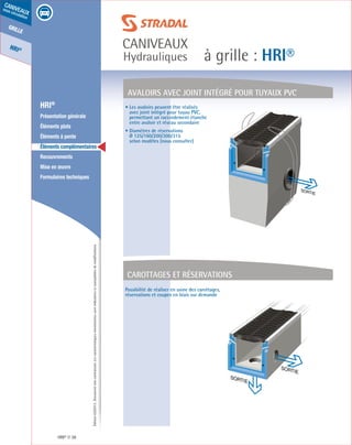 Édition03/2013.Documentnoncontractuel.Lescaractéristiquesmentionnéessontindicativesetsusceptiblesdemodifications.
grille
HRI®
caniveaux
sous circulation
à grille : HRI®
caniveaux
Hydrauliques
HRI® 38
	 HRI®
	 Présentation générale
	 Éléments plats
	 Éléments à pente
	 Éléments complémentaires
	Recouvrements
	 Mise en œuvre
	 Formulaires techniques
• Les avaloirs peuvent être réalisés
avec joint intégré pour tuyau PVC,
permettant un raccordement étanche
entre avaloir et réseau secondaire
• Diamètres de réservations
Ø 125/160/200/300/315
selon modèles (nous consulter)
Possibilité de réaliser en usine des carottages,
réservations et coupes en biais sur demande
SORTIE
Avaloirs avec joint intégré pour tuyaux PVC
Carottages et réservations
SORTIE
SORTIE
 