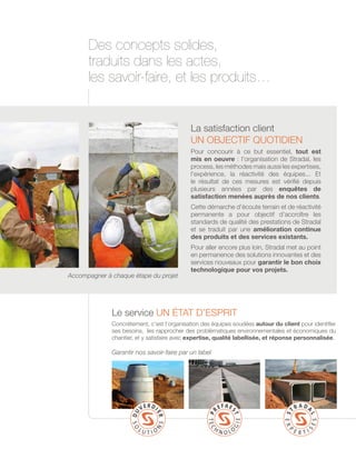 Des concepts solides,
traduits dans les actes,
les savoir-faire, et les produits…
Le service un état d’esprit
Concrètement, c’est l’organisation des équipes soudées autour du client pour identifier
ses besoins, les rapprocher des problématiques environnementales et économiques du
chantier, et y satisfaire avec expertise, qualité labellisée, et réponse personnalisée.
Garantir nos savoir-faire par un label
Accompagner à chaque étape du projet
La satisfaction client
Un objectif quotidien
Pour concourir à ce but essentiel, tout est
mis en oeuvre : l’organisation de Stradal, les
process, les méthodes mais aussi les expertises,
l’expérience, la réactivité des équipes... Et
le résultat de ces mesures est vérifié depuis
plusieurs années par des enquêtes de
satisfaction menées auprès de nos clients.
Cette démarche d’écoute terrain et de réactivité
permanente a pour objectif d’accroître les
standards de qualité des prestations de Stradal
et se traduit par une amélioration continue
des produits et des services existants.
Pour aller encore plus loin, Stradal met au point
en permanence des solutions innovantes et des
services nouveaux pour garantir le bon choix
technologique pour vos projets.
 