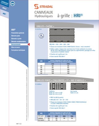 Édition03/2013.Documentnoncontractuel.Lescaractéristiquesmentionnéessontindicativesetsusceptiblesdemodifications.
grille
HRI®
caniveaux
sous circulation
à grille : HRI®
caniveaux
Hydrauliques
HRI® 42
	 HRI®
	 Présentation générale
	 Éléments plats
	 Éléments à pente
	 Élémentscomplémentaires
	Recouvrements
	 Mise en œuvre
	 Formulaires techniques
GRILLES « SAÔNE »
Grilles fonte « Caillebotis » et « nid d’abeille »
HRI Surfaces d’absorption de la grille (cm² /ml)
selon la norme NF EN 1433 par classe de résistance
C250 D400
200 690 690
250 855 855
300 1050 1050
400 1420 1420
500 1880 1880
• L 0,50 m
• L 0,75 m
• HRI 16-200 (à pente)
• HRI 200 n°01 - 04 - 07 - 010
• Classes de résistance C250 / D400 / E600 / F900 (Caillebotis)
et C250 / D400 (Nid d’abeille)
• Fixation de la grille par 4 vis
• Fonte ductile FGS 500-7
HRI 200 – 250 – 300 – 400 - 500
• Classes de résistance C250 / D400 (Autres classes : nous consulter)
• Grille « saône » largeur des ouvertures de 14 mm conforme à la norme
NF EN 1433. Spécialement conçue pour les supermarchés, passages de vélos
et personnes à mobilité réduite
• Fixation de la grille par 2 vis
• Fonte ductile FGS 500-7
Caillebotis
Maille 26 x 50 en cl. A/D
Maille 26 x 44 en cl. E/F
Nid d’abeille
Maille 23 x 26
HRI Surfaces d’absorption de la grille (cm² /ml)
selon la norme NF EN 124 par classe de résistance
200 à pente C250 D400 E600 F900
Caillebotis 920 920 780 780
Nid d’abeille 720 720 - -
 