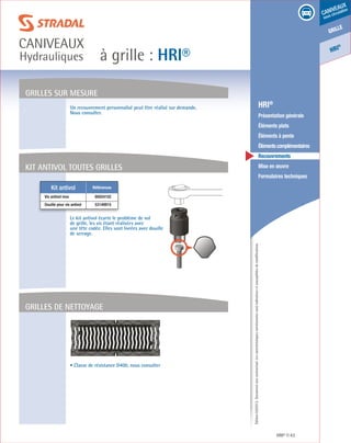 Édition03/2013.Documentnoncontractuel.Lescaractéristiquesmentionnéessontindicativesetsusceptiblesdemodifications.
grille
caniveaux
sous circulation
HRI
®
à grille : HRI®
caniveaux
Hydrauliques
HRI® 43
	 HRI®
	 Présentation générale
	 Éléments plats
	 Éléments à pente
	 Élémentscomplémentaires
	Recouvrements
	 Mise en œuvre
	 Formulaires techniques
Grilles de nettoyage
• Classe de résistance D400, nous consulter
Un recouvrement personnalisé peut être réalisé sur demande.
Nous consulter.
Grilles sur mesure
Kit antivol toutes grilles
Le kit antivol écarte le problème de vol
de grille, les vis étant réalisées avec
une tête codée. Elles sont livrées avec douille
de serrage.
Kit antivol Références
Vis antivol inox 60024102
Douille pour vis antivol 53149915
 