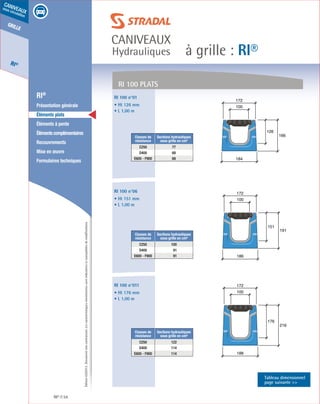 Édition03/2013.Documentnoncontractuel.Lescaractéristiquesmentionnéessontindicativesetsusceptiblesdemodifications.
grille
RI®
caniveaux
sous circulation
à grille : RI®
caniveaux
Hydrauliques
RI® 54
	 RI®
	 Présentation générale
	 Éléments plats
	 Éléments à pente
	 Élémentscomplémentaires
	Recouvrements
	 Mise en œuvre
	 Formulaires techniques
126
166
184
100
172
151
191
186
100
172
176
216
188
100
172
RI 100 Plats
RI 100 n°01
• Ht 126 mm
• L 1,00 m
RI 100 n°06
• Ht 151 mm
• L 1,00 m
RI 100 n°011
• Ht 176 mm
• L 1,00 m
Classes de
résistance
Sections hydrauliques
sous grille en cm²
C250 77
D400 68
E600 - F900 68
Classes de
résistance
Sections hydrauliques
sous grille en cm²
C250 100
D400 91
E600 - F900 91
Classes de
résistance
Sections hydrauliques
sous grille en cm²
C250 122
D400 114
E600 - F900 114
Tableau dimensionnel
page suivante 
 