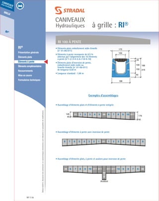 Édition03/2013.Documentnoncontractuel.Lescaractéristiquesmentionnéessontindicativesetsusceptiblesdemodifications.
grille
RI®
caniveaux
sous circulation
à grille : RI®
caniveaux
Hydrauliques
RI® 56
	 RI®
	 Présentation générale
	 Éléments plats
	 Éléments à pente
	 Élémentscomplémentaires
	Recouvrements
	 Mise en œuvre
	 Formulaires techniques
40
100
150
26
166
216
188
100
172• Eléments plats emboîtement mâle-femelle
(n° 01-06-011)
• Eléments à pente incorporée de 0.5 %
obtenue par l’alignement des 10 éléments
à pente (n°1-2-3-4-5-6-7-8-9-10)
• Éléments plats d’inversion de pente,
emboîtement mâle-mâle ou
femelle-femelle (n° 01-06-011)
de longueur 0,50 m
• Longueur standard : 1,00 m
• Assemblage d’éléments plats et d’éléments à pente intégrée
• Assemblage d’éléments à pente avec inversion de pente
• Assemblage d’éléments plats, à pente et avaloirs pour inversion de pente
RI 100 à pente
1098765432101 06 011
40
17640
126
Exemples d’assemblages
8 7 6 5 4 3 2 1 01 87654321
Avaloir
06 066 7 8 9 10 011 011 011011 678910
 