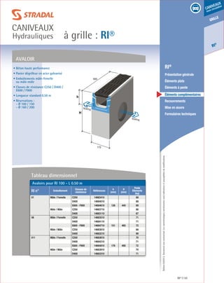 Édition03/2013.Documentnoncontractuel.Lescaractéristiquesmentionnéessontindicativesetsusceptiblesdemodifications.
grille
RI
®
caniveaux
sous circulation
à grille : RI®
caniveaux
Hydrauliques
RI® 59
	 RI®
	 Présentation générale
	 Éléments plats
	 Éléments à pente
	 Éléments complémentaires
	Recouvrements
	 Mise en œuvre
	 Formulaires techniques
SORTIE
SORTIE
500
H
h
172
• Béton haute performance
• Panier dégrilleur en acier galvanisé
• Emboîtements mâle-femelle
ou mâle-mâle
• Classes de résistance C250 / D400 /
E600 / F900
• Longueur standard 0,50 m
• Réservations :
	 - Ø 100 / 150
	 - Ø 160 / 200
Avaloir
Avaloirs pour RI 100 - L 0.50 m	
RI n° Emboîtement
Classes de
résistance
Références
h
(mm)
H
(mm)
Poids
Éléments
(kg)
01 Mâle / Femelle C250 14663410 . . 68
. D400 14664010 . . 69
. E600 - F900 14664610 126 440 69
Mâle / Mâle C250 14663710 . . 66
. D400 14663110 . . 67
06 Mâle / Femelle C250 14663510 . . 71
. D400 14664110 . . 71
. E600 - F900 14664710 151 465 72
Mâle / Mâle C250 14663810 . . 68
. D400 14663210 . . 69
011 Mâle / Femelle C250 14663610 . . 70
. D400 14664210 . . 71
. E600 - F900 14664810 176 490 72
Mâle / Mâle C250 14663910 . . 70
. D400 14663310 . . 71
Tableau dimensionnel
 