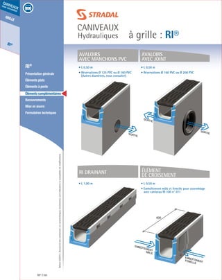 Édition03/2013.Documentnoncontractuel.Lescaractéristiquesmentionnéessontindicativesetsusceptiblesdemodifications.
grille
RI®
caniveaux
sous circulation
à grille : RI®
caniveaux
Hydrauliques
RI® 60
	 RI®
	 Présentation générale
	 Éléments plats
	 Éléments à pente
	 Éléments complémentaires
	Recouvrements
	 Mise en œuvre
	 Formulaires techniques
SORTIE
SORTIE
SORTIE
500
EMBOÎTEMENT
MÂLE
EMBOÎTEMENTFEMELLE
• L 0,50 m
• Réservations Ø 125 PVC ou Ø 160 PVC
(Autres diamètres, nous consulter)
• L 1,00 m
• L 0,50 m
• Réservations Ø 160 PVC ou Ø 200 PVC
• L 0,50 m
• Emboîtement mâle et femelle pour assemblage
avec caniveau RI 100 n° 011
Avaloirs
avec manchons PVC
ri drainant
Avaloirs
avec JOINT
élément
de croisement
 