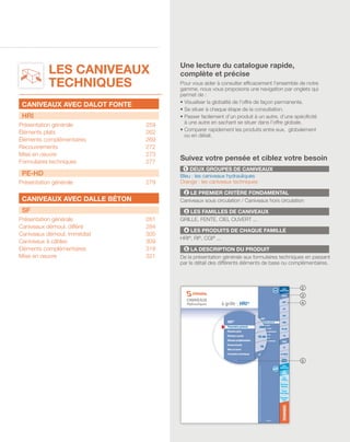 Les Caniveaux
Techniques
Caniveaux avec dalot fonte
HRI
Présentation générale	 259
Éléments plats	 262
Éléments complémentaires	 269
Recouvrements	 272
Mise en oeuvre	 273
Formulaires techniques	 277
PE-HD
Présentation générale	 279
Caniveaux avec dalle béton
SF
Présentation générale	 281
Caniveaux démoul. différé	 284
Caniveaux démoul. immédiat	 305
Caniveaux à câbles	 309
Eléments complémentaires	 318
Mise en oeuvre	 321
1 Deux groupes de caniveaux
Bleu : les caniveaux hydrauliques
Orange : les caniveaux techniques
2 Le premier critère fondamental
Caniveaux sous circulation / Caniveaux hors circulation
3 Les familles de caniveaux
grille, fente, ciel ouvert ...
4 Les produits de chaque famille
HRI®
, RI®
, CGI®
...
5 La description du produit
De la présentation générale aux formulaires techniques en passant
par le détail des différents éléments de base ou complémentaires.
Pour vous aider à consulter efficacement l’ensemble de notre
gamme, nous vous proposons une navigation par onglets qui
permet de :
• Visualiser la globalité de l’offre de façon permanente.
• Se situer à chaque étape de la consultation.
• Passer facilement d’un produit à un autre, d’une spécificité
à une autre en sachant se situer dans l’offre globale.
• Comparer rapidement les produits entre eux, globalement
ou en détail.
Une lecture du catalogue rapide,
complète et précise
Suivez votre pensée et ciblez votre besoin
2
3
4
5
 