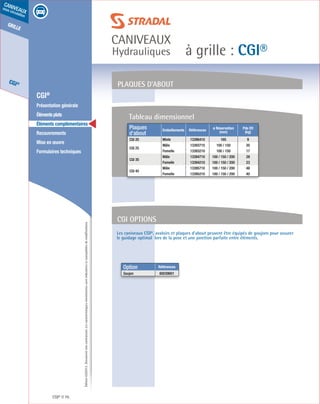 Édition03/2013.Documentnoncontractuel.Lescaractéristiquesmentionnéessontindicativesetsusceptiblesdemodifications.
grille
CGI®
caniveaux
sous circulation
à grille : CGI®
caniveaux
Hydrauliques
CGI® 76
	 CGI®
	 Présentation générale
	 Élémentsplats
	 Éléments complémentaires
	Recouvrements
	 Mise en œuvre
	 Formulaires techniques
Plaques d’about
CGI options
Les caniveaux CGI®, avaloirs et plaques d’about peuvent être équipés de goujons pour assurer
le guidage optimal lors de la pose et une jonction parfaite entre éléments.
Plaques
d’about
Emboîtements Références
ø Réservation
(mm)
Pds Elt
(kg)
CGI 20 Mixte 13396410 165 9
CGI 25
Mâle 13393710 100 / 150 20
Femelle 13393210 100 / 150 17
CGI 35
Mâle 13394710 100 / 150 / 200 28
Femelle 13394210 100 / 150 / 200 23
CGI 45
Mâle 13395710 100 / 150 / 200 48
Femelle 13395210 100 / 150 / 200 40
Option Références
Goujon 60039601
Tableau dimensionnel
 