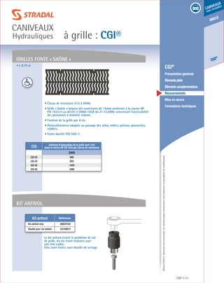 Édition03/2013.Documentnoncontractuel.Lescaractéristiquesmentionnéessontindicativesetsusceptiblesdemodifications.
grille
CGI
®
caniveaux
sous circulation
à grille : CGI®
caniveaux
Hydrauliques
CGI® 77
	 CGI®
	 Présentation générale
	 Élémentsplats
	 Élémentscomplémentaires
	Recouvrements
	 Mise en œuvre
	 Formulaires techniques
• Classe de résistance A15 à D400.
• Grille « Saône » largeur des ouvertures de 14mm conforme à la norme NF
EN 1433 et au décret n°2006-1658 du 21.12.2006 concernant l’accessibilité
des personnes à mobilité réduite.
• Fixation de la grille par 4 vis.
• Particulièrement adaptée au passage des vélos, rollers, piétons, poussettes,
caddies.
• Fonte ductile FGS 500-7.
GRILLES fonte « SAÔNE »
• L 0,75 m
CGI Surfaces d’absorption de la grille (cm² /ml)
selon la norme NF EN 1433 par classe de résistance
D400
CGI 20 690
CGI 25 855
CGI 35 1420
CGI 45 1880
KIT Antivol
Le kit antivol écarte le problème de vol
de grille, les vis étant réalisées avec
une tête codée.
Elles sont livrées avec douille de serrage.
Kit antivol Références
Vis antivol inox 60024102
Douille pour vis antivol 53149915
 
