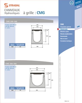 Édition03/2013.Documentnoncontractuel.Lescaractéristiquesmentionnéessontindicativesetsusceptiblesdemodifications.
grille
CMG
caniveaux
sous circulation
à grille : CMG
caniveaux
Hydrauliques
CMG 87
	 CMG
	 Présentation générale
	 Éléments plats
	 Éléments à pente
	 Élémentscomplémentaires
	Recouvrements
	 Mise en œuvre
	 Formulaires techniques
CMG 200-300
• Largeur utile 200 mm
• Ht utile 300 mm
• L 1,00 m
• Largeur utile 300 mm
• Ht utile 300 mm
• L 1,00 m
CMG 300-300
300
30
375
289
200
264
300
30
385
390
300
364
Classe de
résistance
Section hydraulique
sous grille en cm²
D400 524
Classe de
résistance
Section hydraulique
sous grille en cm²
D400 743
 