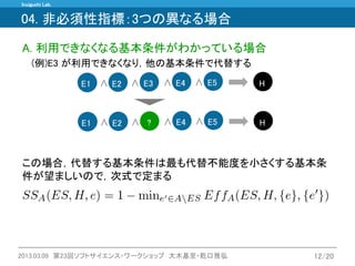 Inuiguchi Lab. 
2013.03.09 第23回ソフトサイエンス・ワークショップ 大木基至・乾口雅弘 
12/20 
04. 非必須性指標：3つの異なる場合 
A. 利用できなくなる基本条件がわかっている場合 
(例)E3 が利用できなくなり，他の基本条件で代替する 
∧ 
∧ 
E1 
E2 
? 
∧ 
∧ 
E5 
H 
E4 
∧ 
∧ 
E1 
E2 
E3 
∧ 
∧ 
E5 
H 
E4 
この場合，代替する基本条件は最も代替不能度を小さくする基本条 件が望ましいので，次式で定まる  