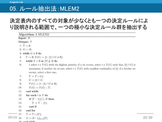 Inuiguchi Lab. 
2013.03.09 第23回ソフトサイエンス・ワークショップ 大木基至・乾口雅弘 
22/20 
05. ルール抽出法：MLEM2 
決定表内のすべての対象が少なくとも一つの決定ルールによ り説明される範囲で、一つの極小な決定ルール群を抽出する  