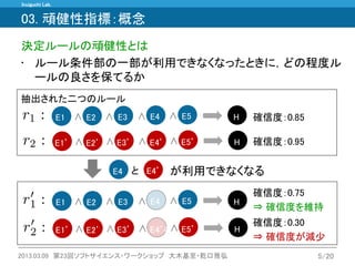 Inuiguchi Lab. 
2013.03.09 第23回ソフトサイエンス・ワークショップ 大木基至・乾口雅弘 
5/20 
03. 頑健性指標：概念 
決定ルールの頑健性とは 
•ルール条件部の一部が利用できなくなったときに，どの程度ル ールの良さを保てるか 
∧ 
∧ 
E1 
E2 
E3 
∧ 
∧ 
E4 
E5 
H 
抽出された二つのルール 
∧ 
∧ 
E1’ 
E2’ 
E3’ 
∧ 
∧ 
E4’ 
E5’ 
H 
E4 
E4’ 
と 
が利用できなくなる 
確信度：0.85 
確信度：0.95 
∧ 
∧ 
E1 
E2 
E3 
∧ 
∧ 
E5 
H 
∧ 
∧ 
E1’ 
E2’ 
E3’ 
∧ 
∧ 
E4’4 
E5’ 
H 
E4 
確信度：0.75 ⇒ 確信度を維持 
確信度：0.30 
⇒ 確信度が減少  