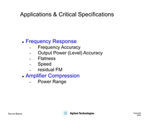 Source Basics Copyright
2000
Applications & Critical Specifications
 Frequency Response
– Frequency Accuracy
– Output Power (Level) Accuracy
– Flatness
– Speed
– residual FM
 Amplifier Compression
– Power Range
 