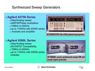 Source Basics Copyright
2000
Synthesized Sweep Generators
 Agilent 83750 Series
 Step/Analog sweep
 AM/FM/Phase modulation
 10MHz to 20GHz
 up to 110GHz with 83550 series
 modules and amplifier
 Agilent 8360L Series
 Step/Analog sweep
 8510/8757 Compatibility
 10MHz to 50GHz
 up to 110GHz with 83550 series
modules
 