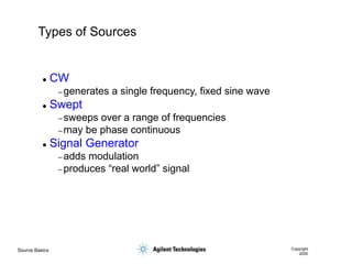 Source Basics Copyright
2000
Types of Sources
 CW
– generates a single frequency, fixed sine wave
 Swept
– sweeps over a range of frequencies
– may be phase continuous
 Signal Generator
– adds modulation
– produces “real world” signal
 