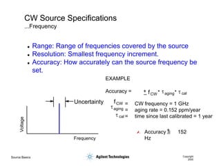 Source Basics Copyright
2000
CW Source Specifications
...Frequency
Voltage
Frequency
Uncertainty
 Range: Range of frequencies covered by the source
 Resolution: Smallest frequency increment.
 Accuracy: How accurately can the source frequency be
set.
EXAMPLE
Accuracy =
= CW frequency = 1 GHz
= aging rate = 0.152 ppm/year
= time since last calibrated = 1 year

+
_ fCW
taging cal
t
* *
fCW
taging
cal
t
Accuracy = 152
Hz
+
_
 