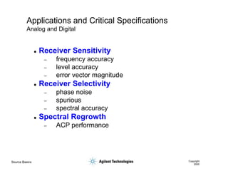 Source Basics Copyright
2000
Applications and Critical Specifications
Analog and Digital
 Receiver Sensitivity
– frequency accuracy
– level accuracy
– error vector magnitude
 Receiver Selectivity
– phase noise
– spurious
– spectral accuracy
 Spectral Regrowth
– ACP performance
 