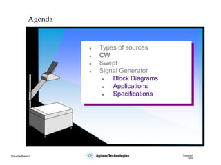 Source Basics Copyright
2000
 Types of sources
 CW
 Swept
 Signal Generator
 Block Diagrams
 Applications
 Specifications
Agenda
 