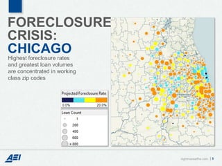 FORECLOSURE
CRISIS:
CHICAGO
Highest foreclosure rates
and greatest loan volumes
are concentrated in working
class zip code...