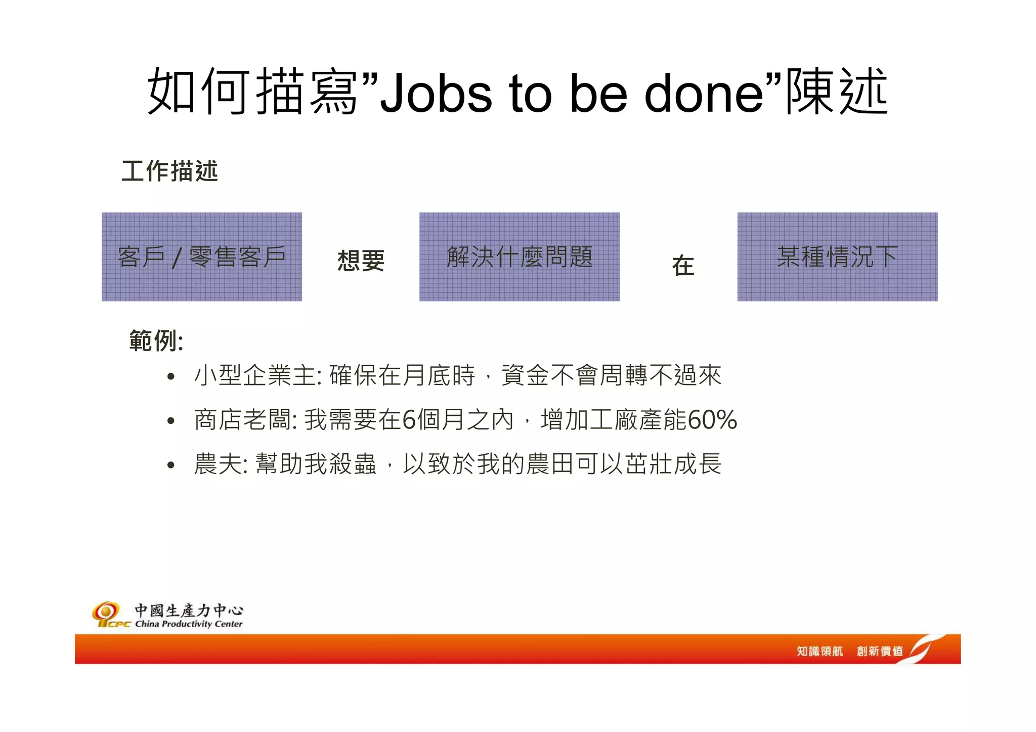 如何描寫”Jobs to be done”陳述
工作描述


客戶 / 零售客戶   想要   解決什麼問題   在     某種情況下


範例:
  • 小型企業主: 確保在月底時，資金不會周轉不過來
  • 商店老闆: 我需要在6個月之內，增加工廠產能60%
  • 農夫: 幫助我殺蟲，以致於我的農田可以茁壯成長
 