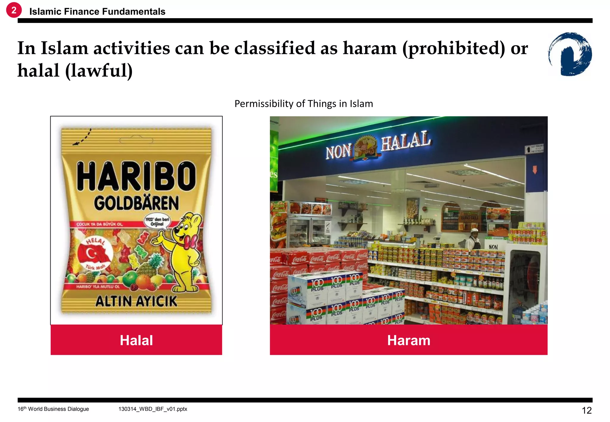 2       Islamic Finance Fundamentals



    In Islam activities can be classified as haram (prohibited) or
    halal (lawful)
                                                             Permissibility of Things in Islam




                                   Halal                                                         Haram



    16th World Business Dialogue   130314_WBD_IBF_v01.pptx
                                                                                                         12
 