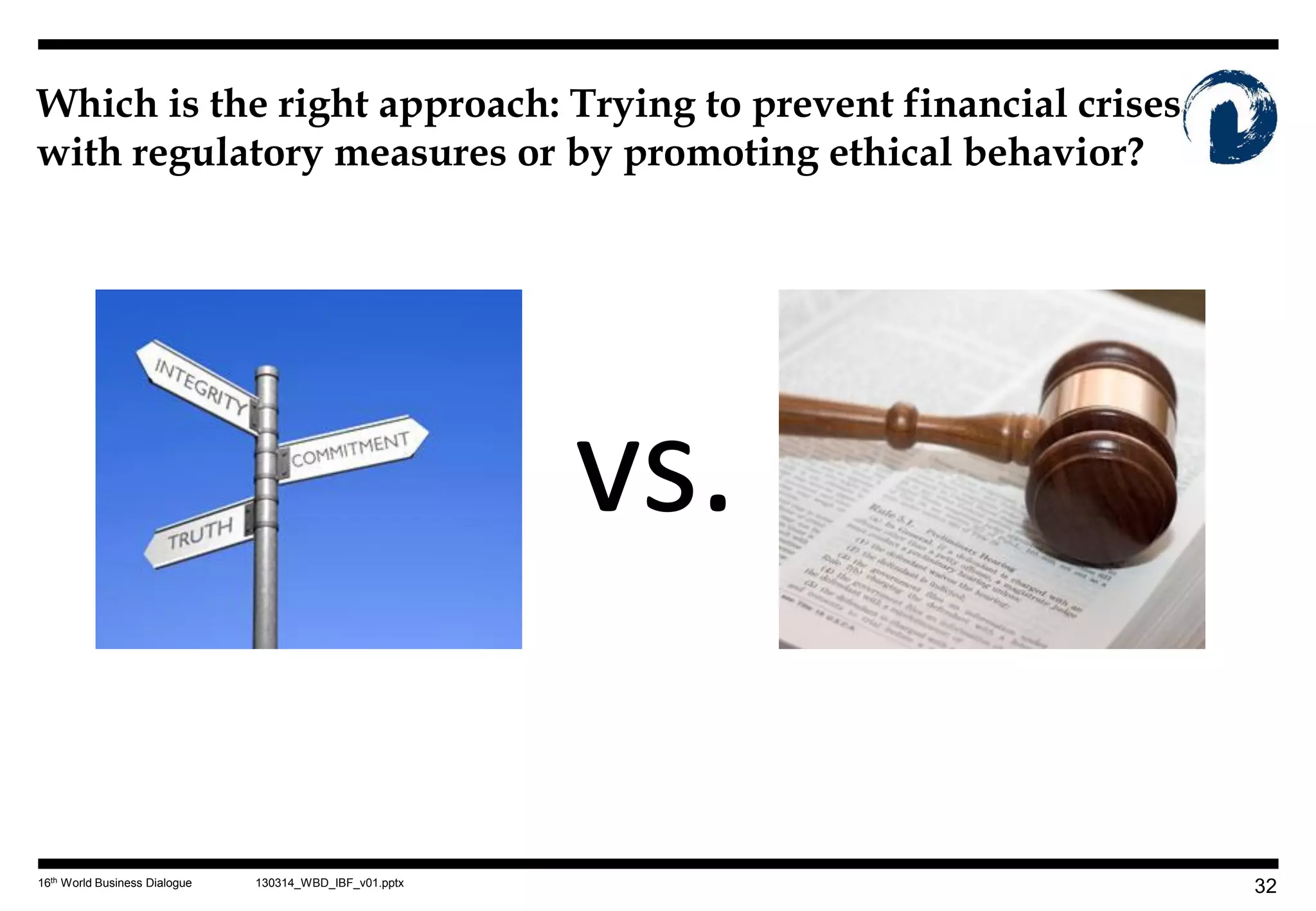 Which is the right approach: Trying to prevent financial crises
with regulatory measures or by promoting ethical behavior?




                                                         vs.

16th World Business Dialogue   130314_WBD_IBF_v01.pptx
                                                                  32
 